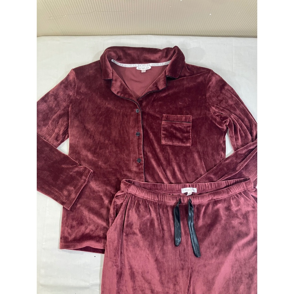 Rachel Zoe Burgundy Ribbed Velour Pajama Set XL Button Down Top & Pants Wine